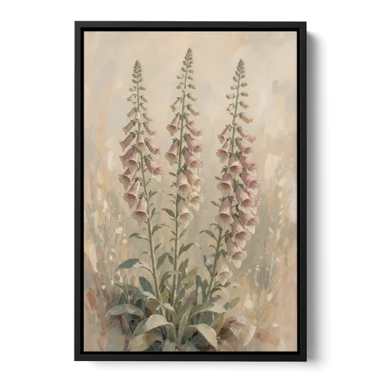 Botanical Wall Decor with Three Foxglove Spires - Black Framed Canvas Wall Art - Front