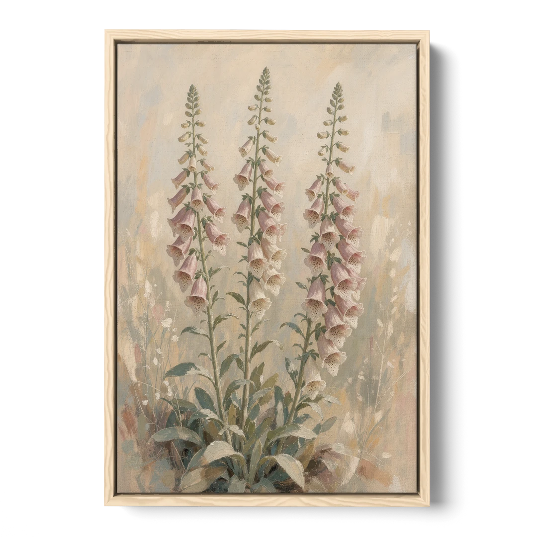 Botanical Wall Decor with Three Foxglove Spires - Oak Framed Canvas Wall Art - Front