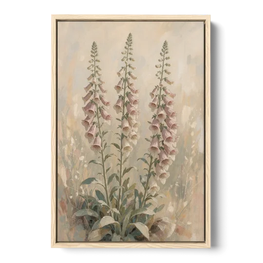 Botanical Wall Decor with Three Foxglove Spires - Oak Framed Canvas Wall Art - Front