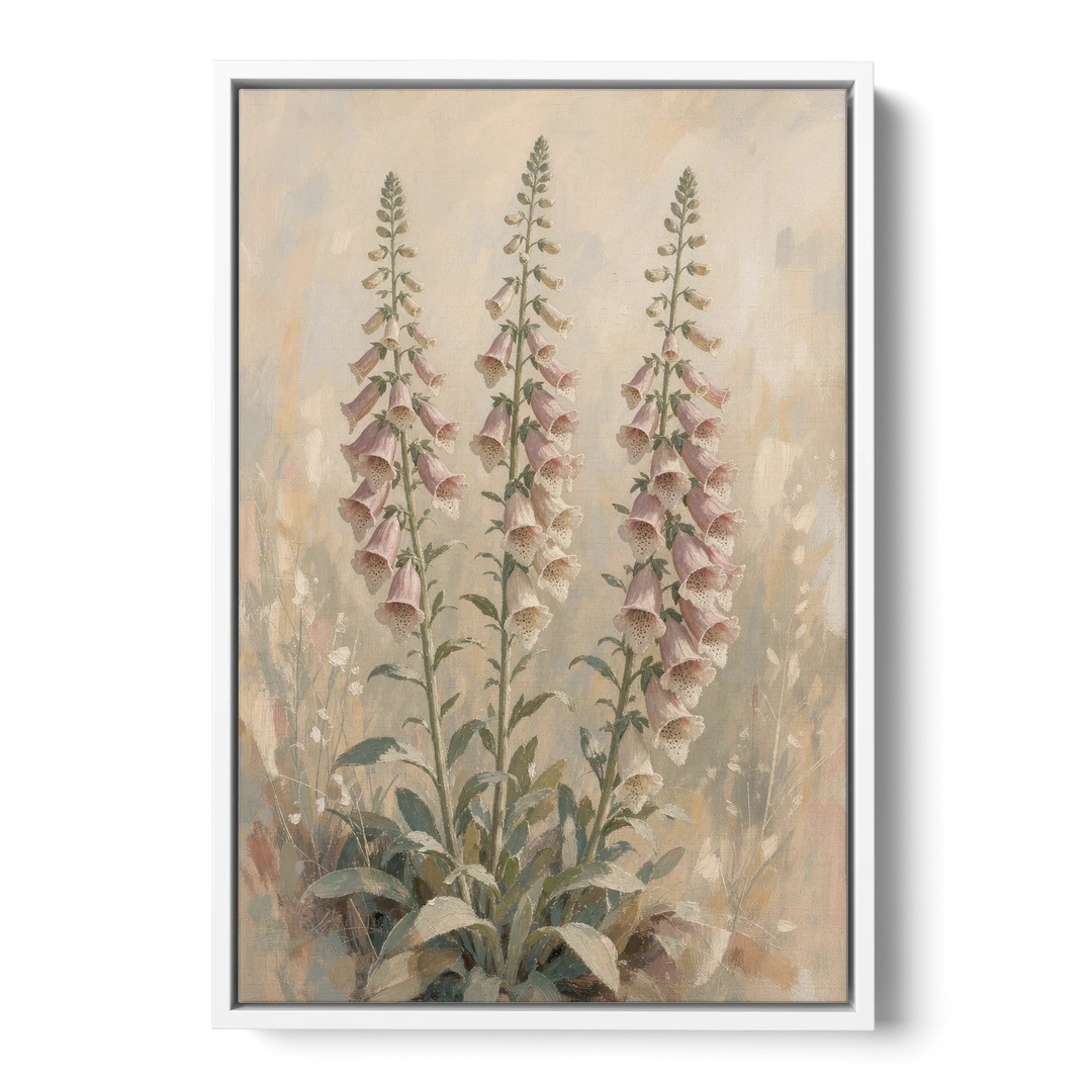 Botanical Wall Decor with Three Foxglove Spires - White Framed Canvas Wall Art - Front