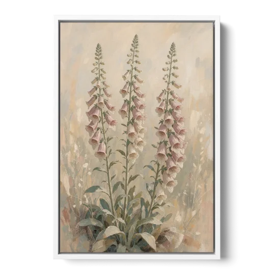 Botanical Wall Decor with Three Foxglove Spires - White Framed Canvas Wall Art - Front