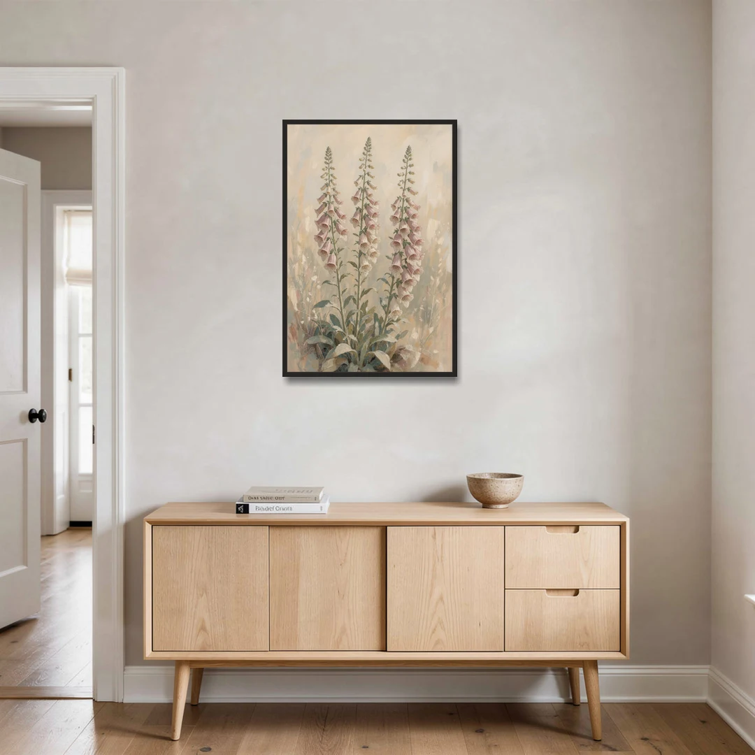 Botanical Wall Decor with Three Foxglove Spires - Black Framed Canvas Wall Art - Coffee Table - 24x36