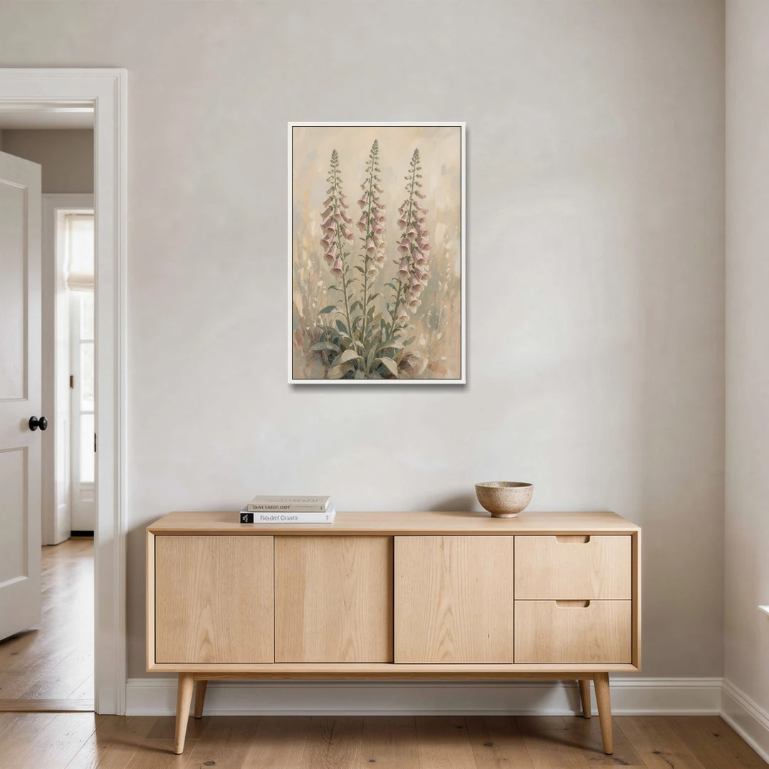 Botanical Wall Decor with Three Foxglove Spires - White Framed Canvas Wall Art - Coffee Table - 24x36