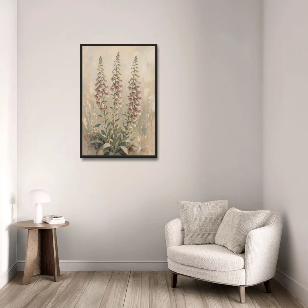 Botanical Wall Decor with Three Foxglove Spires - Black Framed Canvas Wall Art - Sofa - 24x36
