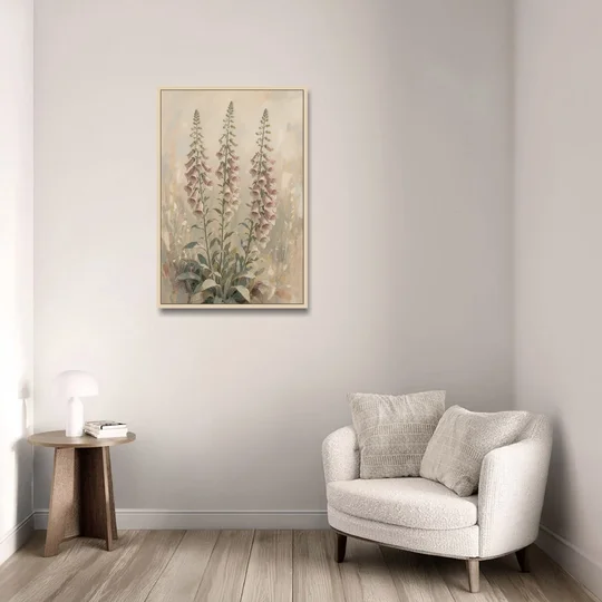Botanical Wall Decor with Three Foxglove Spires - Oak Framed Canvas Wall Art - Sofa - 24x36