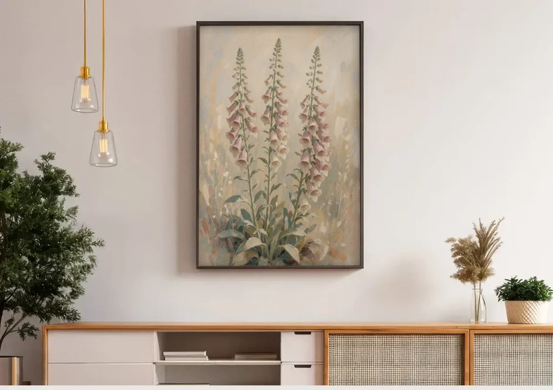 Botanical Wall Decor with Three Foxglove Spires canvas wall art above a wooden sideboard under pendant lights