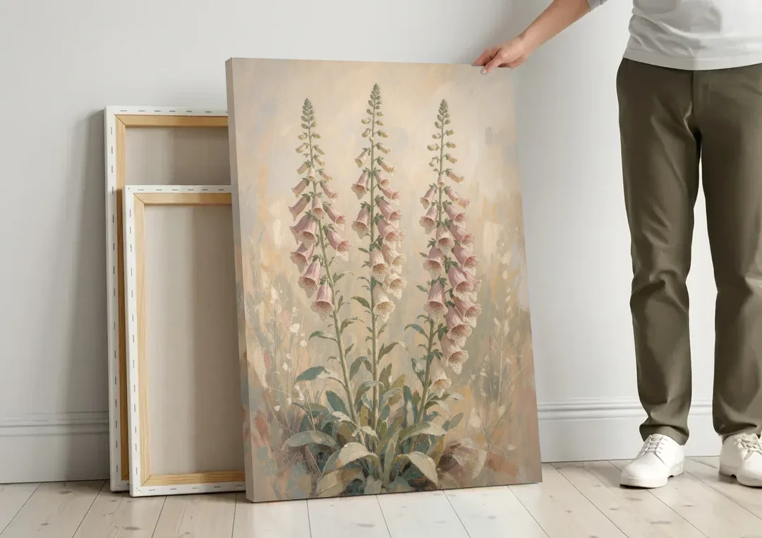 Botanical Wall Decor with Three Foxglove Spires canvas wall art leaning against a wall next to blank canvases