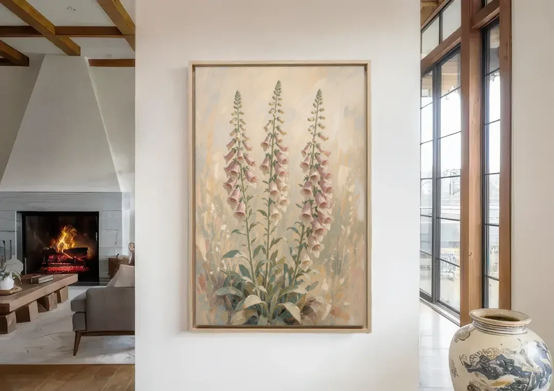 Botanical Wall Decor with Three Foxglove Spires canvas wall art in a living room with a fireplace
