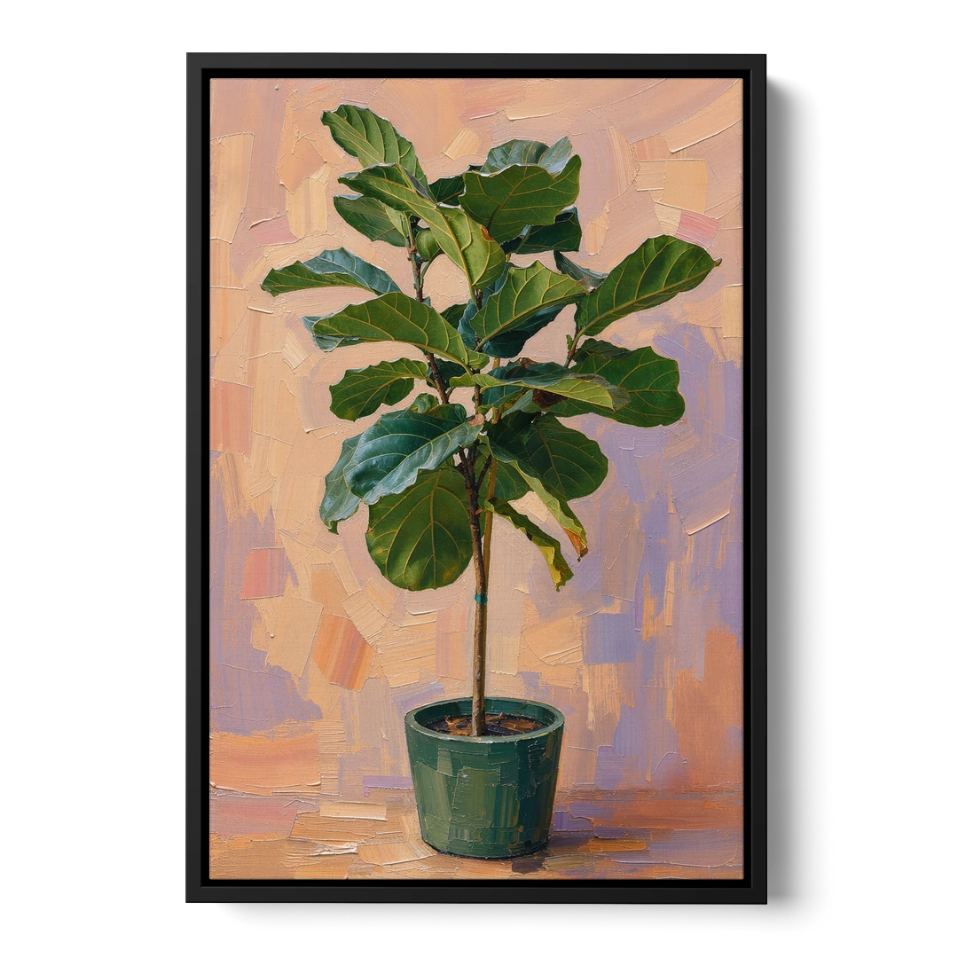 Botanical Young Fiddle-Leaf Fig in Green Pot - Black Framed Canvas Wall Art - Front