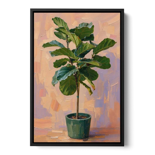 Botanical Young Fiddle-Leaf Fig in Green Pot - Black Framed Canvas Wall Art - Front