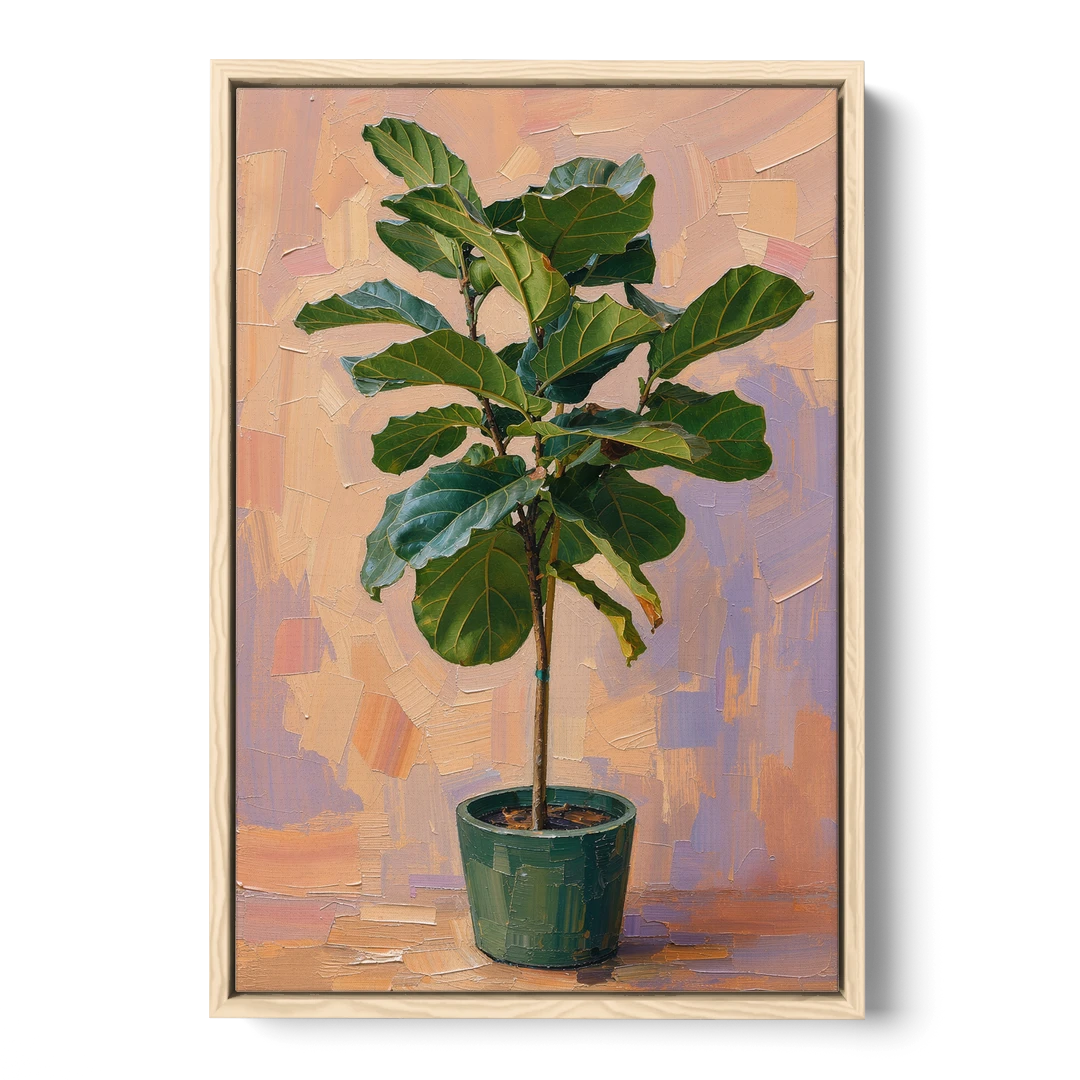 Botanical Young Fiddle-Leaf Fig in Green Pot - Oak Framed Canvas Wall Art - Front