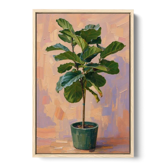 Botanical Young Fiddle-Leaf Fig in Green Pot - Oak Framed Canvas Wall Art - Front