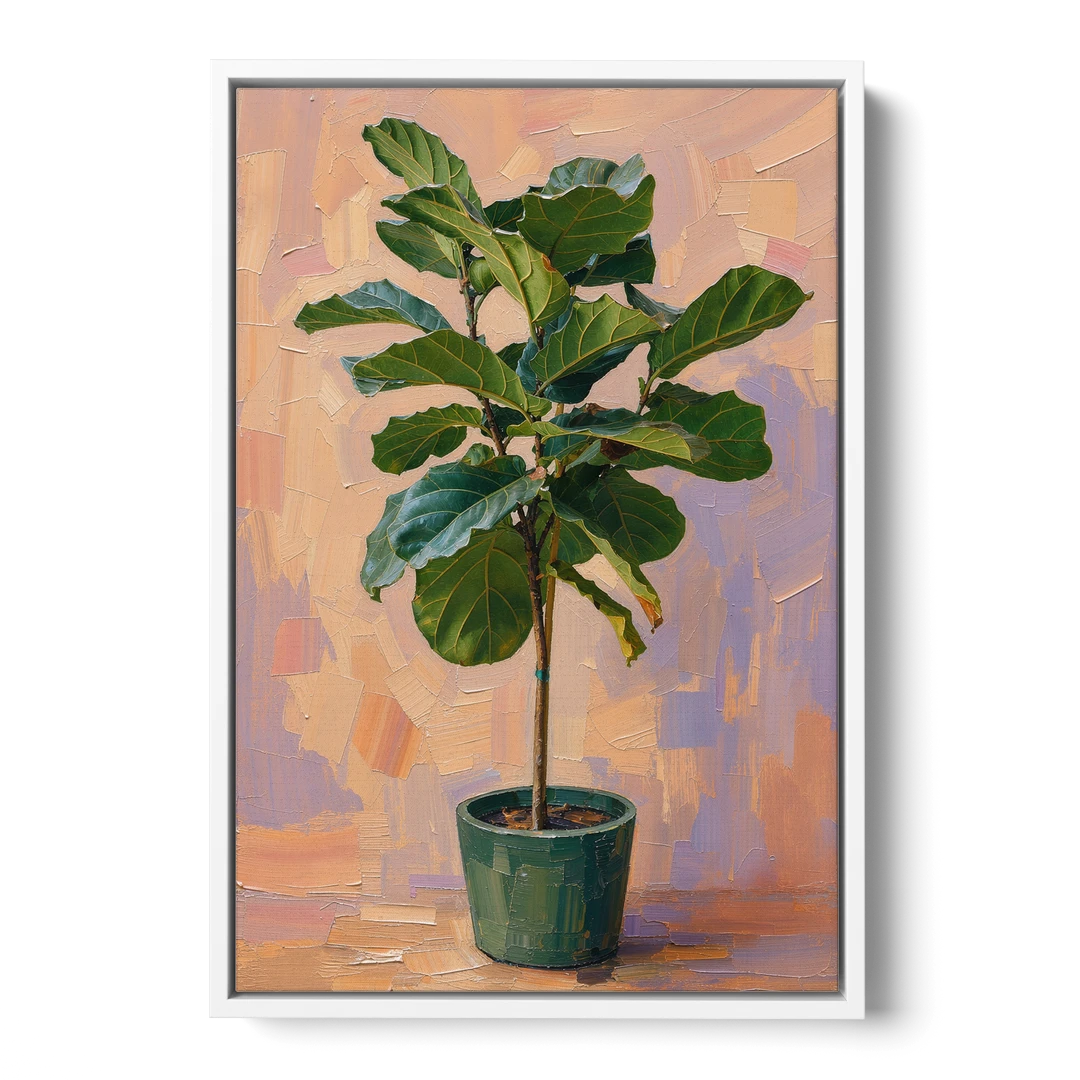 Botanical Young Fiddle-Leaf Fig in Green Pot - White Framed Canvas Wall Art - Front