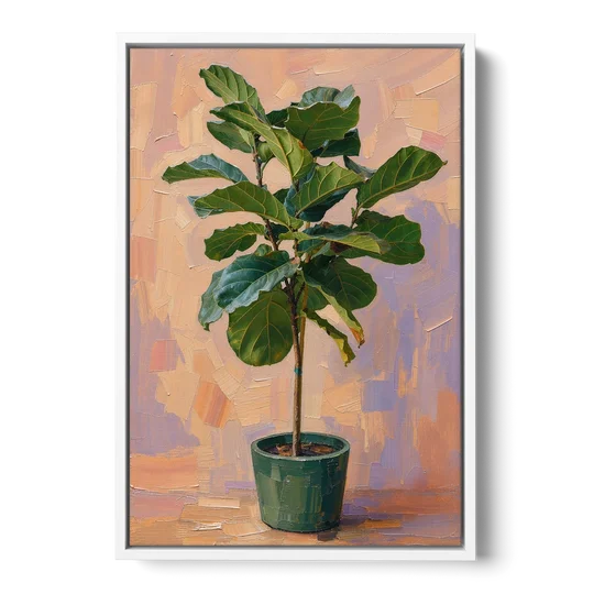 Botanical Young Fiddle-Leaf Fig in Green Pot - White Framed Canvas Wall Art - Front