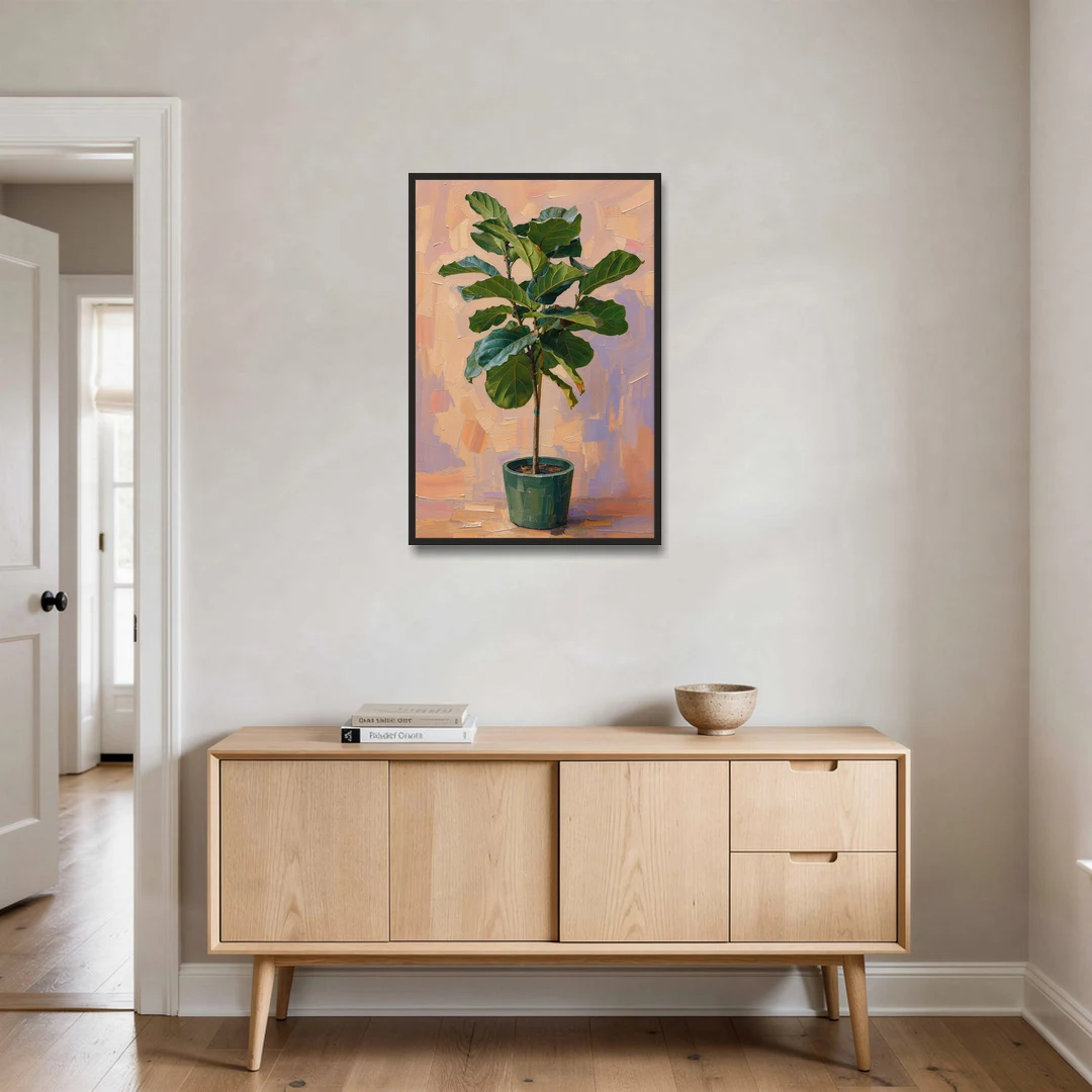 Botanical Young Fiddle-Leaf Fig in Green Pot - Black Framed Canvas Wall Art - Coffee Table - 24x36