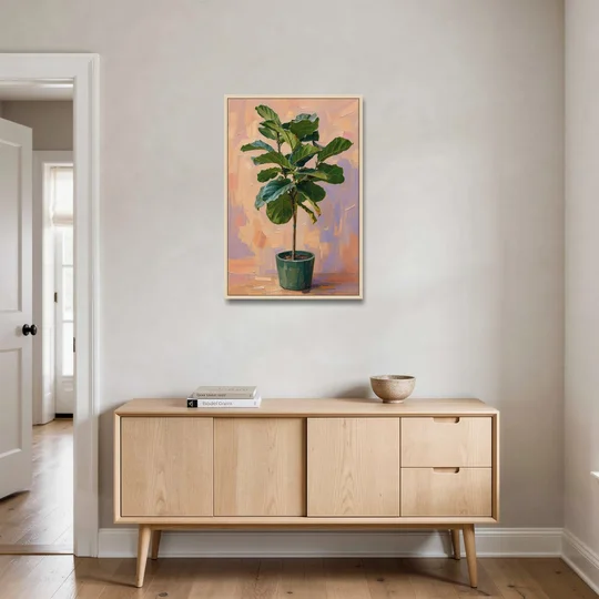 Botanical Young Fiddle-Leaf Fig in Green Pot - Oak Framed Canvas Wall Art - Coffee Table - 24x36