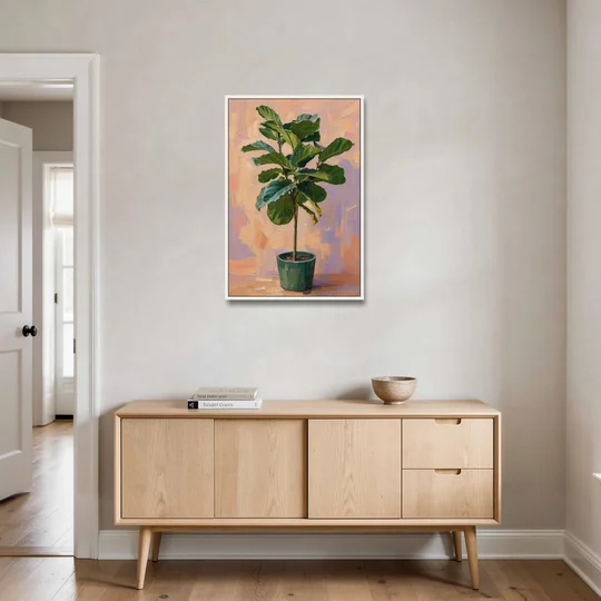 Botanical Young Fiddle-Leaf Fig in Green Pot - White Framed Canvas Wall Art - Coffee Table - 24x36