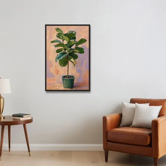Botanical Young Fiddle-Leaf Fig in Green Pot - Black Framed Canvas Wall Art - Sofa - 24x36