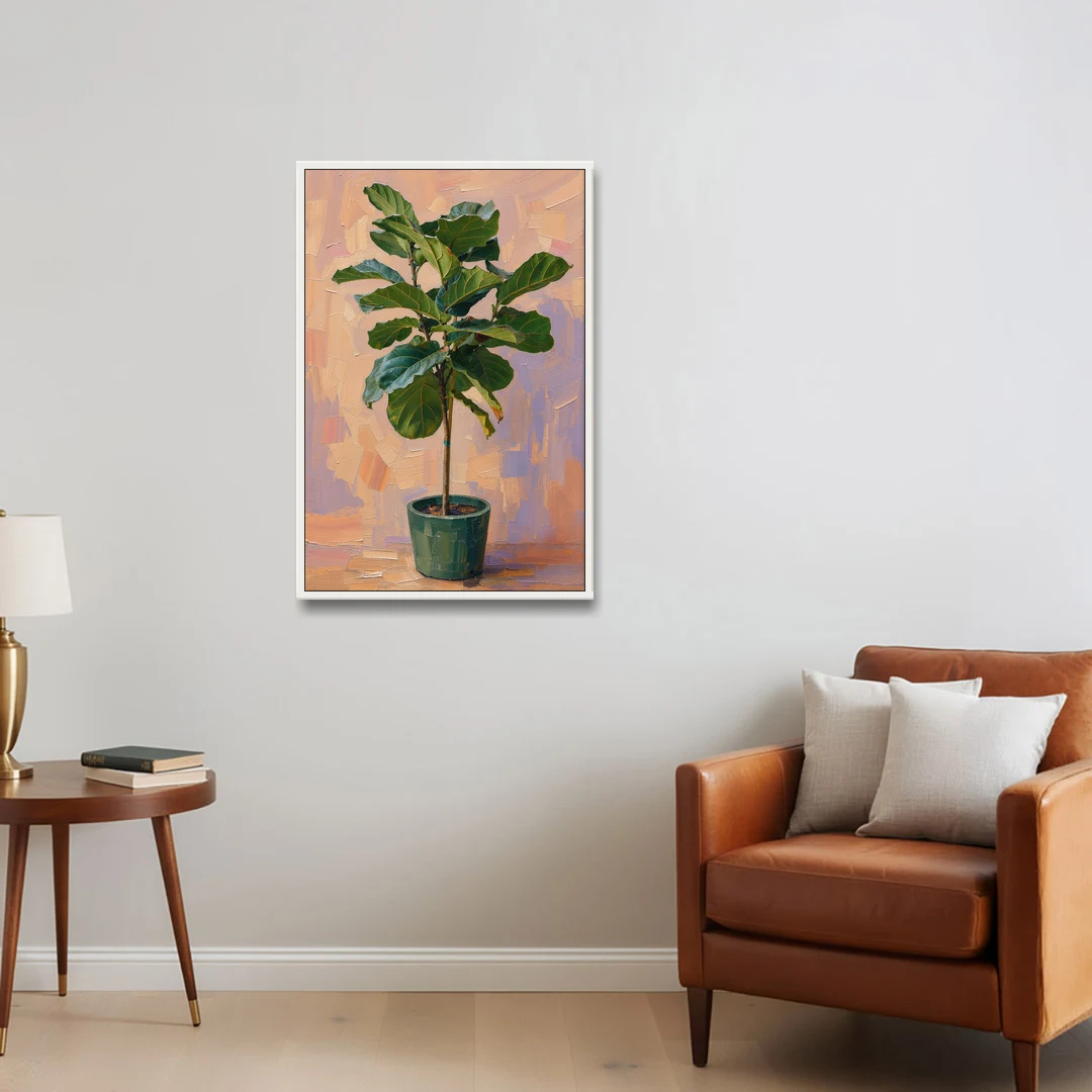 Botanical Young Fiddle-Leaf Fig in Green Pot - White Framed Canvas Wall Art - Sofa - 24x36