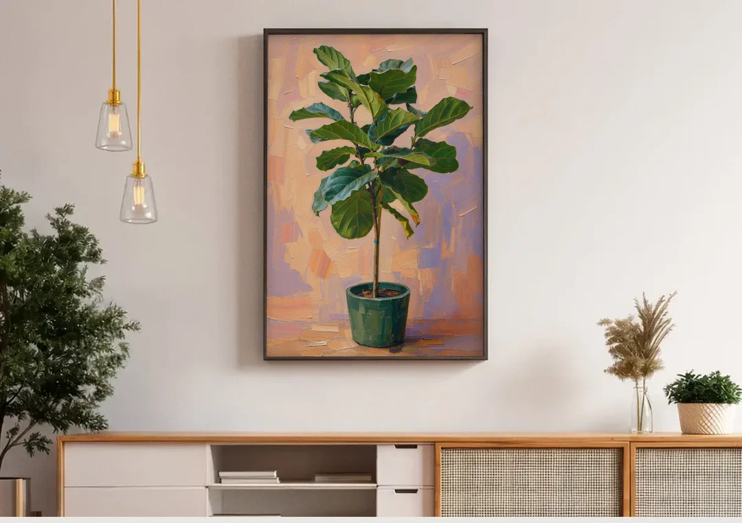 Botanical Young Fiddle-Leaf Fig in Green Pot canvas wall art above a wooden sideboard under pendant lights