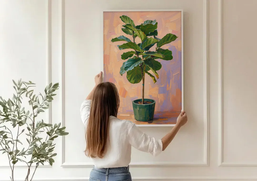 Botanical Young Fiddle-Leaf Fig in Green Pot canvas wall art being hung on a paneled wall
