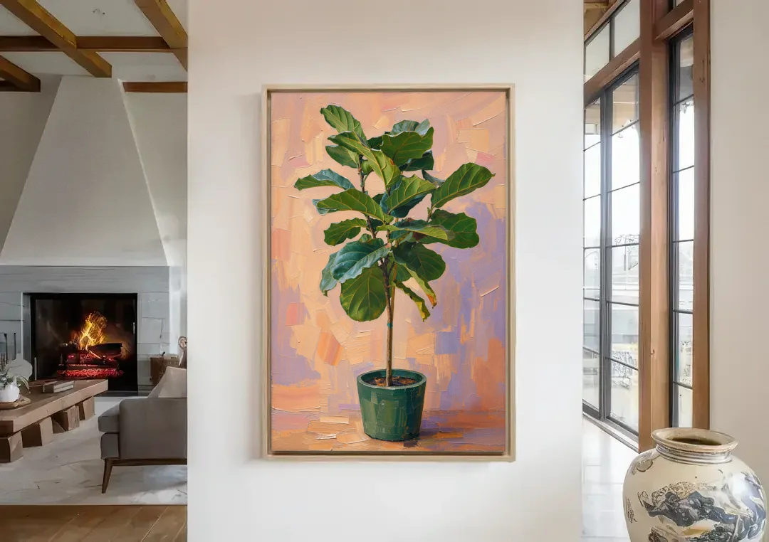 Botanical Young Fiddle-Leaf Fig in Green Pot canvas wall art in a living room with a fireplace