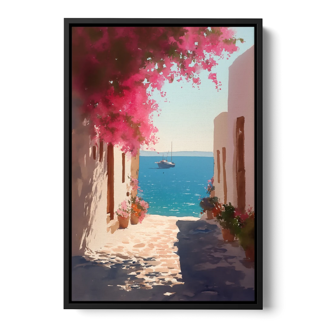 Bougainvillea Painting of a Seaside Lane - Black Framed Canvas Wall Art - Front