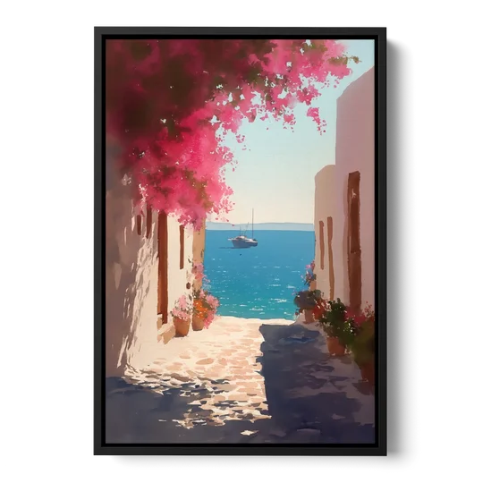 Bougainvillea Painting of a Seaside Lane - Black Framed Canvas Wall Art - Front