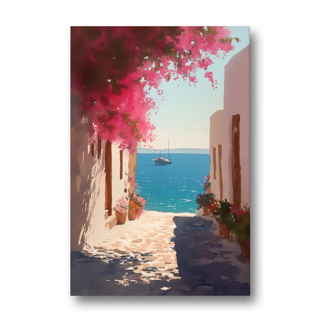 Bougainvillea Painting of a Seaside Lane - Canvas Wall Art - Front