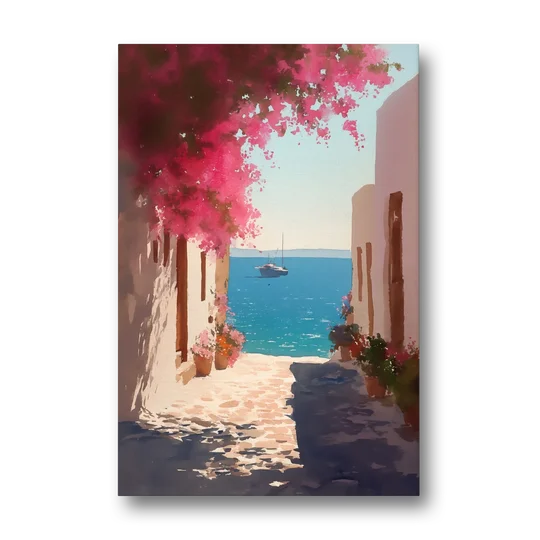 Bougainvillea Painting of a Seaside Lane - Canvas Wall Art - Front