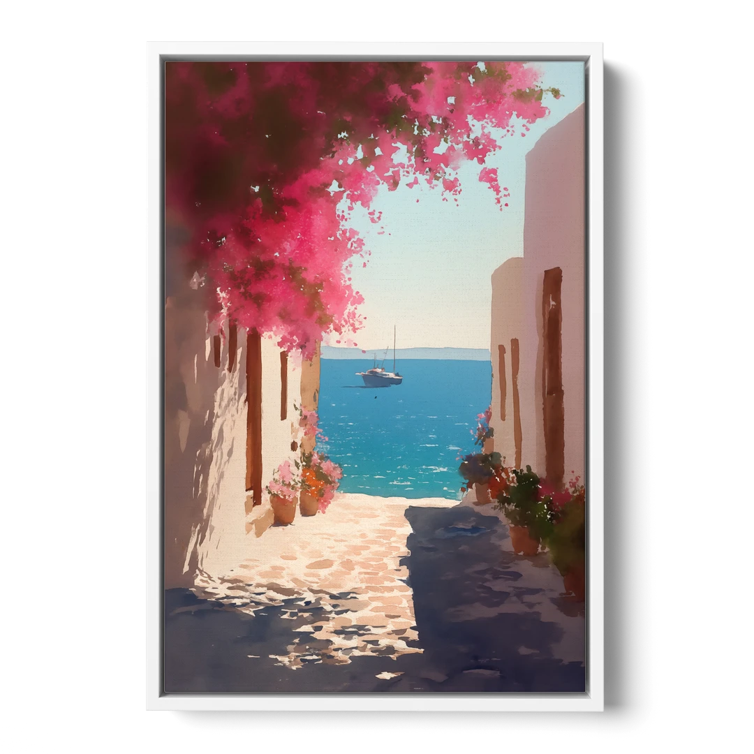 Bougainvillea Painting of a Seaside Lane - White Framed Canvas Wall Art - Front