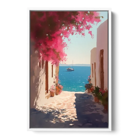 Bougainvillea Painting of a Seaside Lane - White Framed Canvas Wall Art - Front
