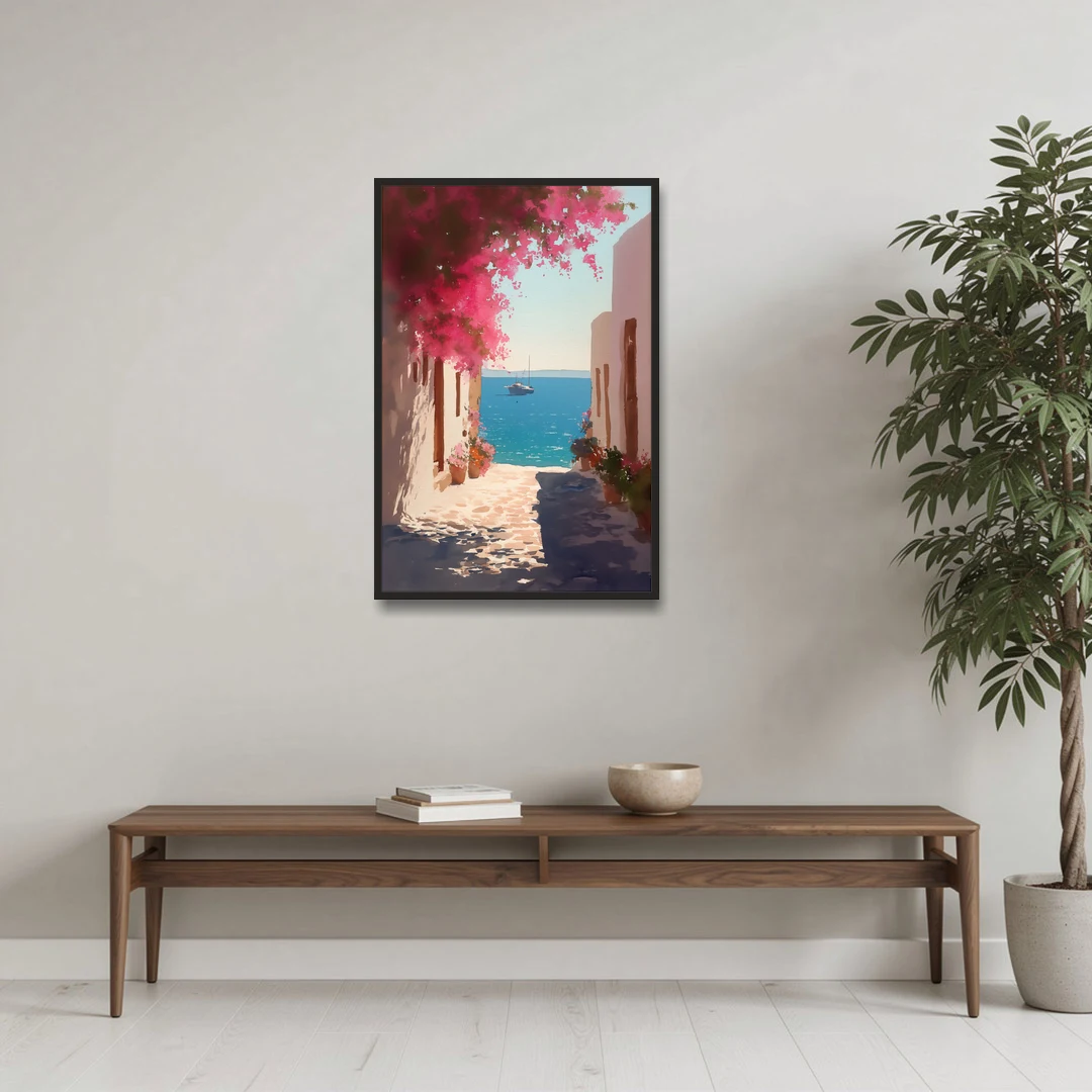 Bougainvillea Painting of a Seaside Lane - Black Framed Canvas Wall Art - Coffee Table - 24x36
