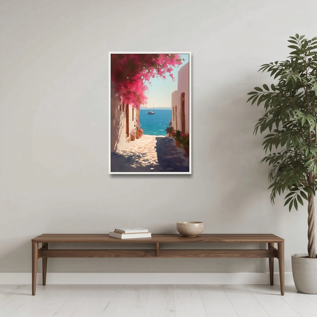 Bougainvillea Painting of a Seaside Lane - White Framed Canvas Wall Art - Coffee Table - 24x36