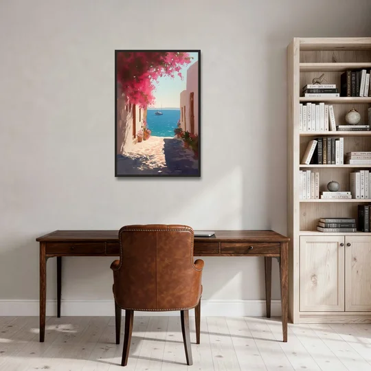 Bougainvillea Painting of a Seaside Lane - Black Framed Canvas Wall Art - Office - 24x36