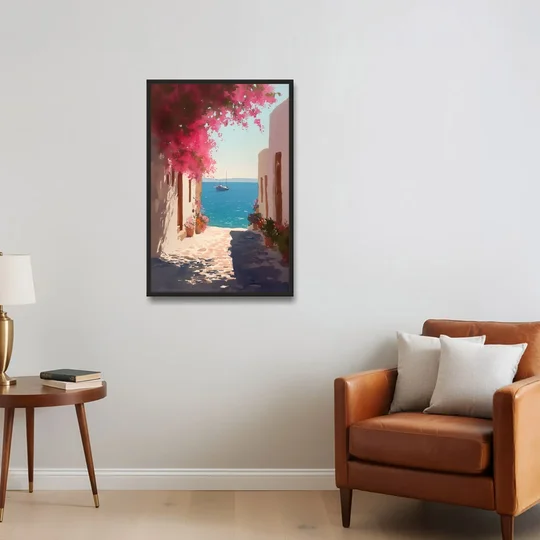 Bougainvillea Painting of a Seaside Lane - Black Framed Canvas Wall Art - Sofa - 24x36