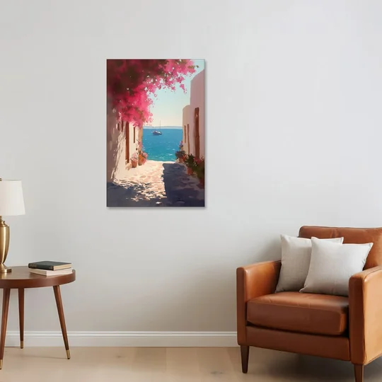 Bougainvillea Painting of a Seaside Lane - Canvas Wall Art - Sofa - 24x36