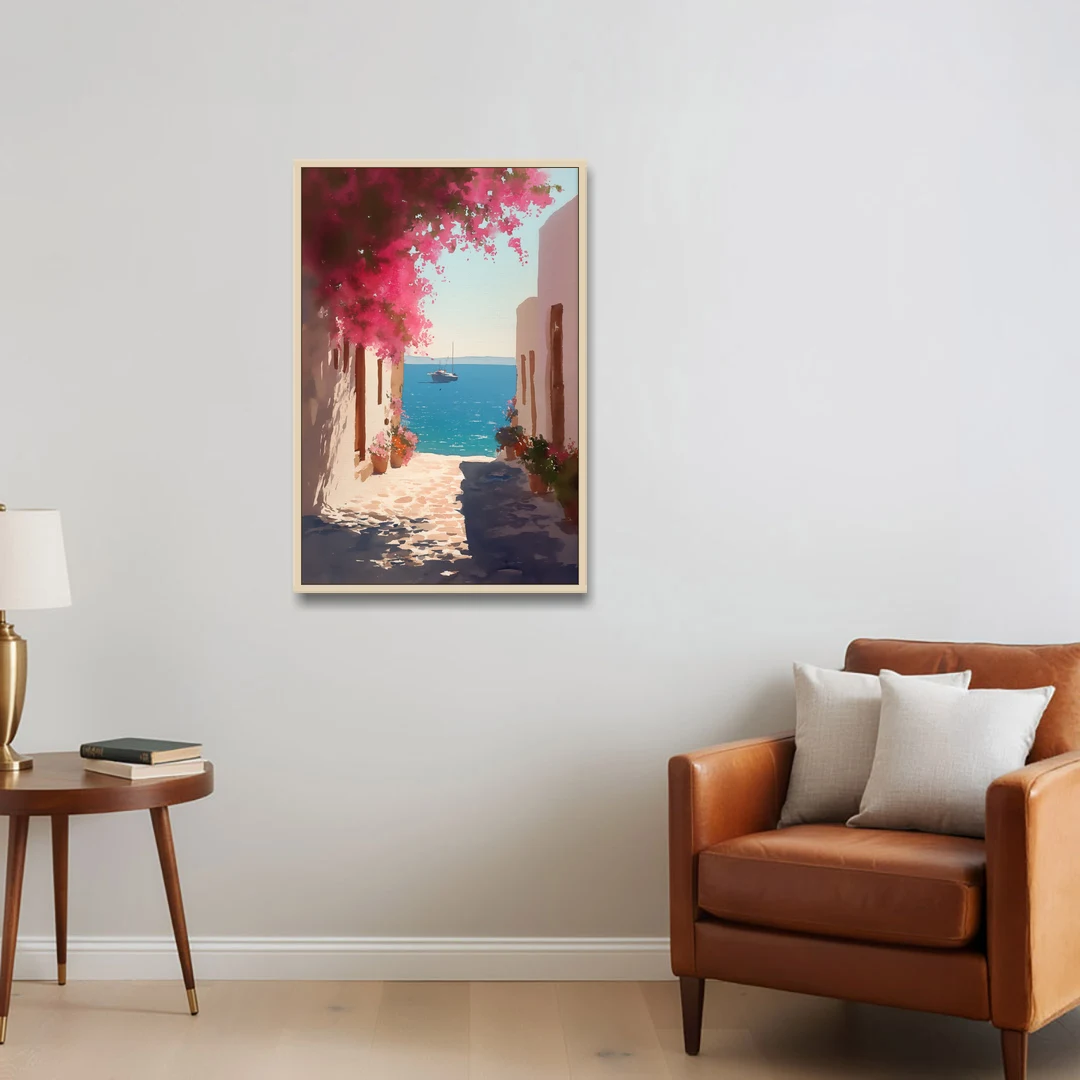 Bougainvillea Painting of a Seaside Lane - Oak Framed Canvas Wall Art - Sofa - 24x36