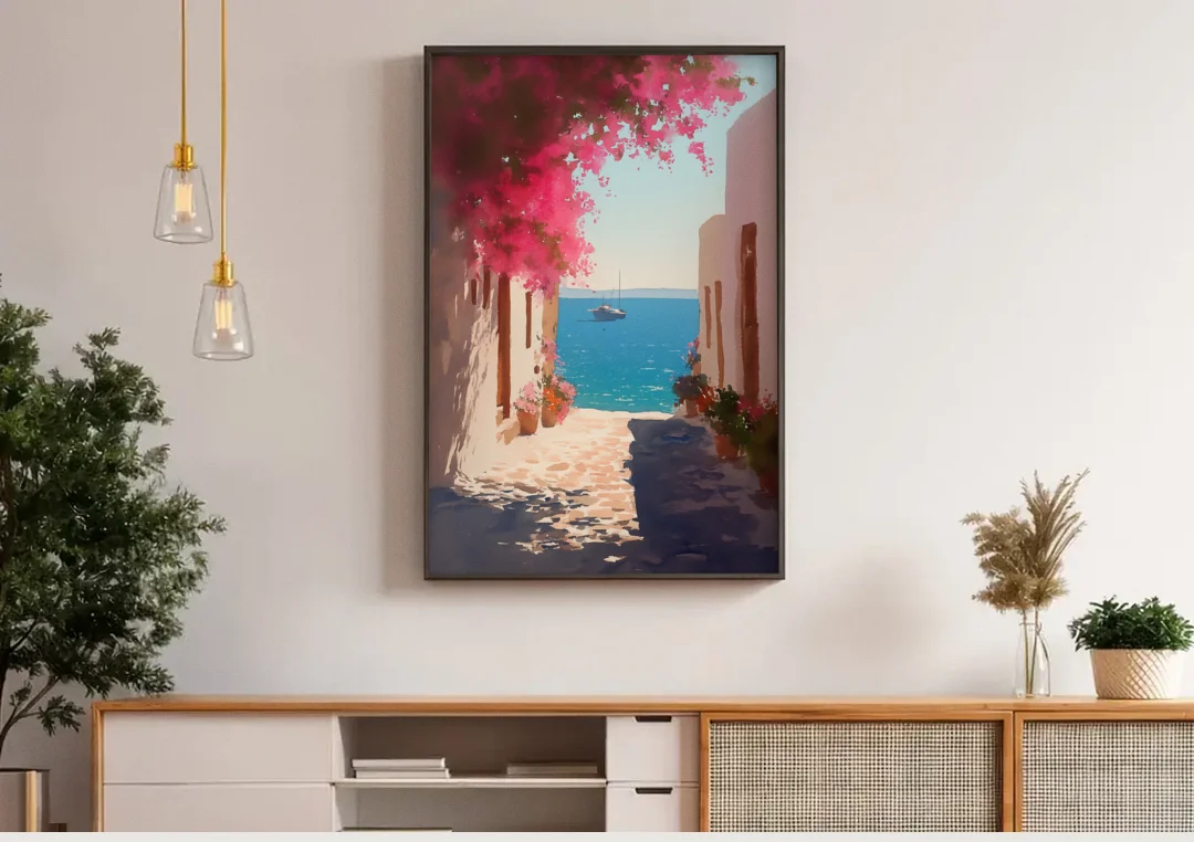 Bougainvillea Painting of a Seaside Lane canvas wall art above a wooden sideboard under pendant lights