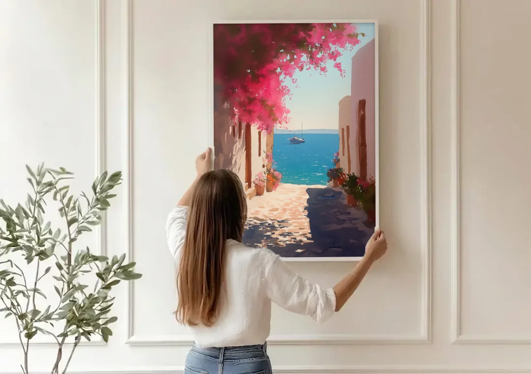 Bougainvillea Painting of a Seaside Lane canvas wall art being hung on a paneled wall