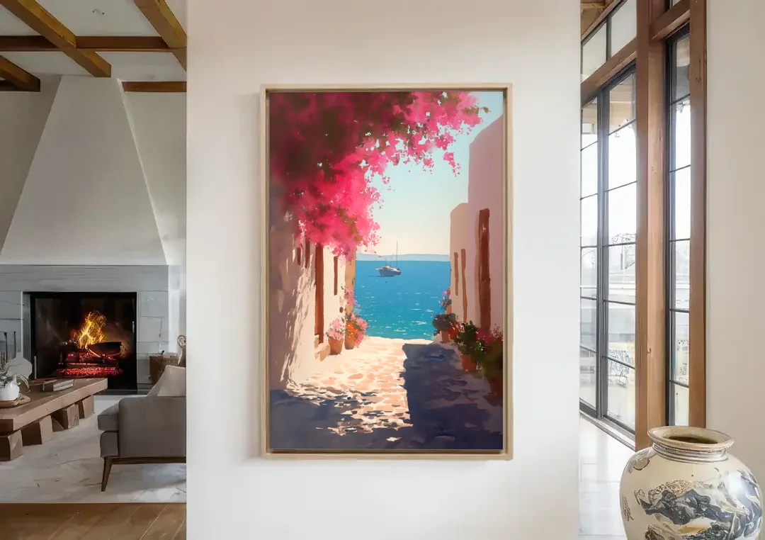 Bougainvillea Painting of a Seaside Lane canvas wall art in a living room with a fireplace