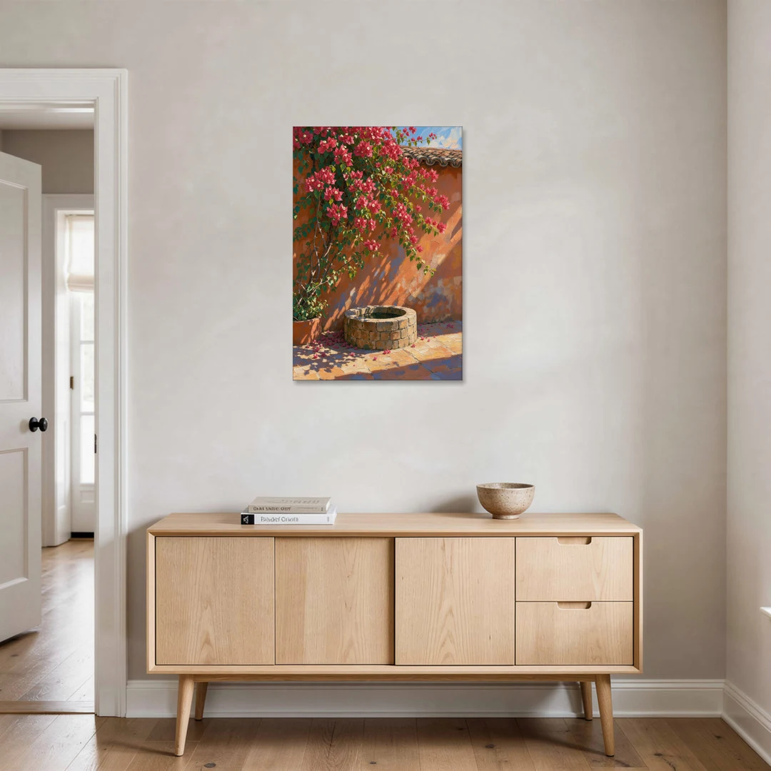 Bougainvillea Wall Art Over a Courtyard Well - Canvas Wall Art - Coffee Table - 24x36