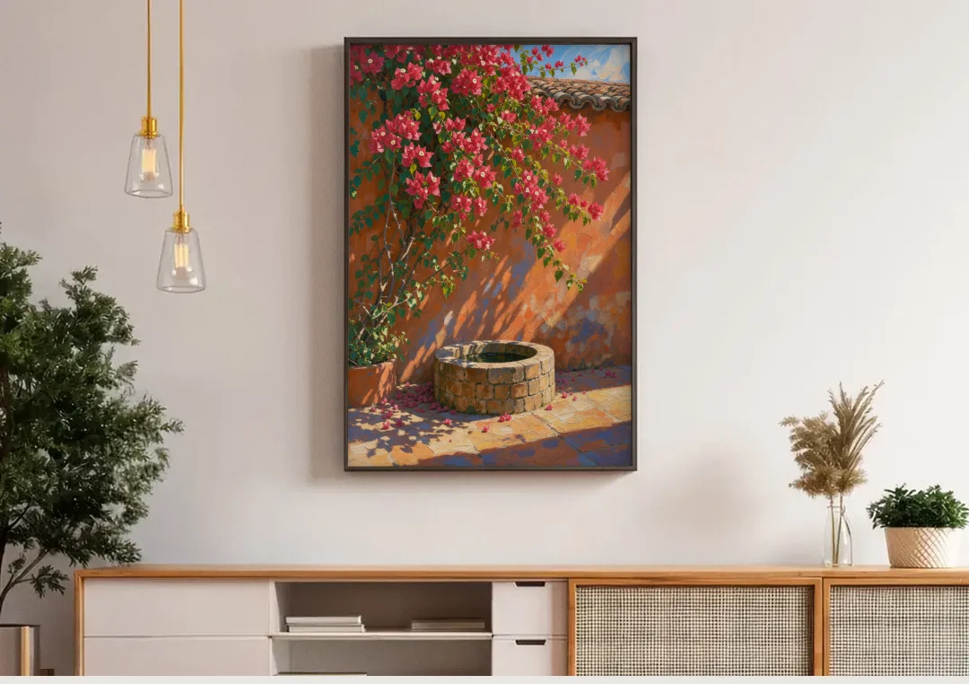 Bougainvillea Wall Art Over a Courtyard Well canvas wall art above a wooden sideboard under pendant lights