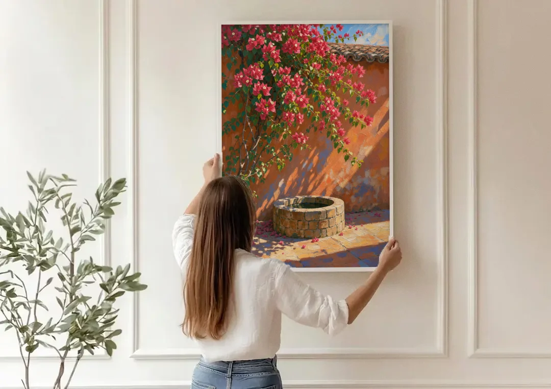 Bougainvillea Wall Art Over a Courtyard Well canvas wall art being hung on a paneled wall