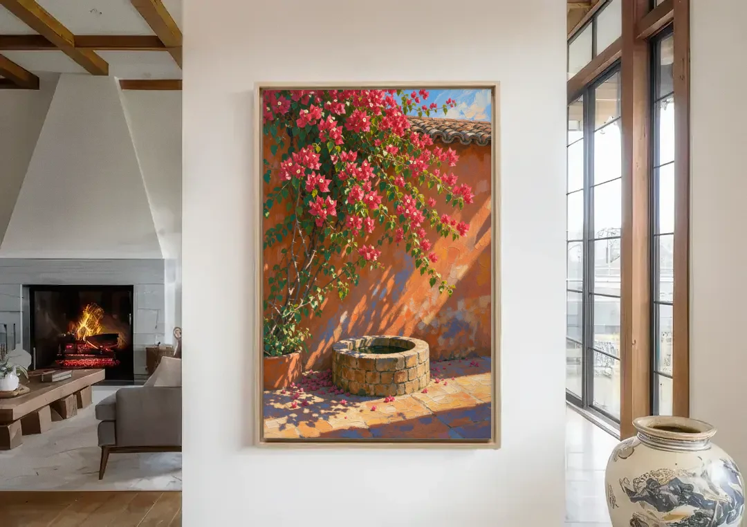 Bougainvillea Wall Art Over a Courtyard Well canvas wall art in a living room with a fireplace