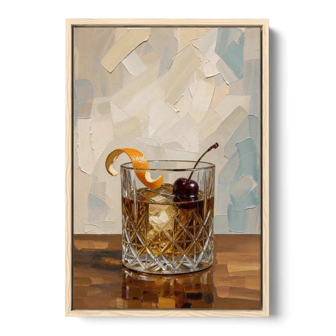 Bourbon Old Fashioned in Cut Crystal - Oak Framed Canvas Wall Art - Front