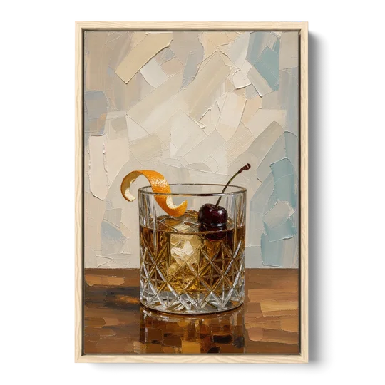Bourbon Old Fashioned in Cut Crystal - Oak Framed Canvas Wall Art - Front