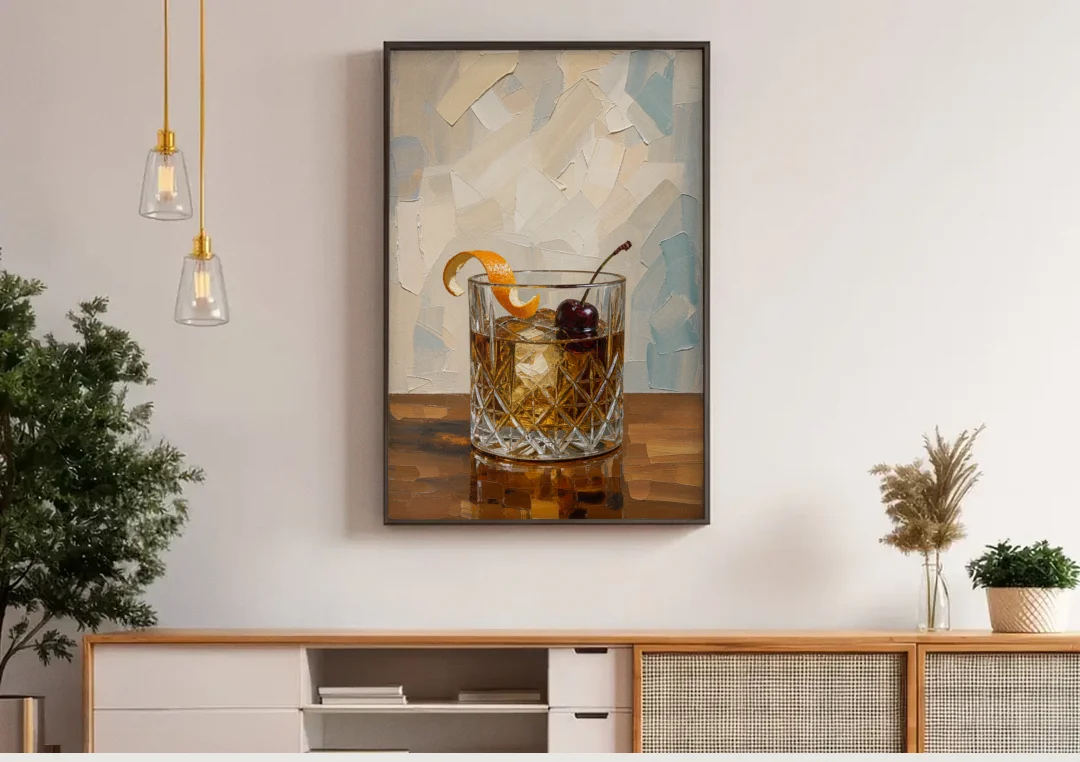 Bourbon Old Fashioned in Cut Crystal canvas wall art above a wooden sideboard under pendant lights