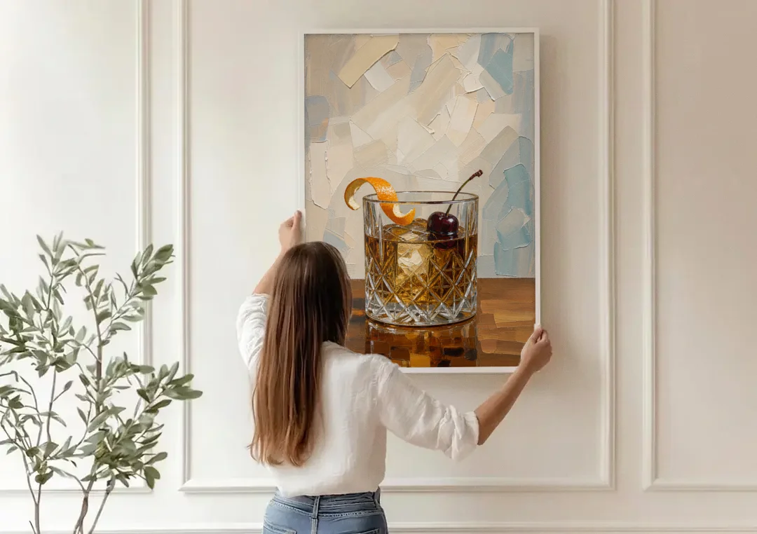 Bourbon Old Fashioned in Cut Crystal canvas wall art being hung on a paneled wall