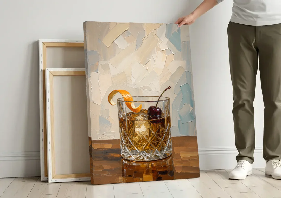 Bourbon Old Fashioned in Cut Crystal canvas wall art leaning against a wall next to blank canvases